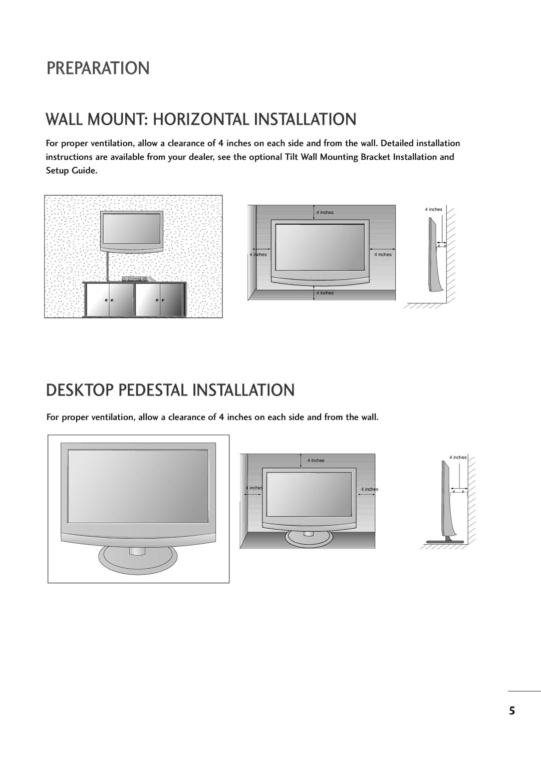 LG Electronics M2794A, M2394A owner manual Wall Mount Horizontal Installation, Desktop Pedestal Installation 