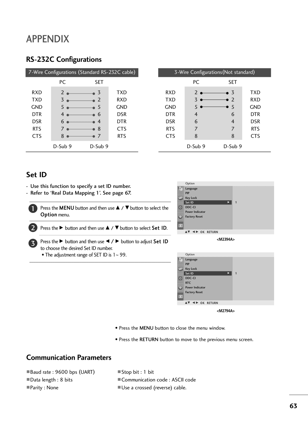 LG Electronics M2794A, M2394A owner manual RS-232C Configurations, Set ID, Communication Parameters 