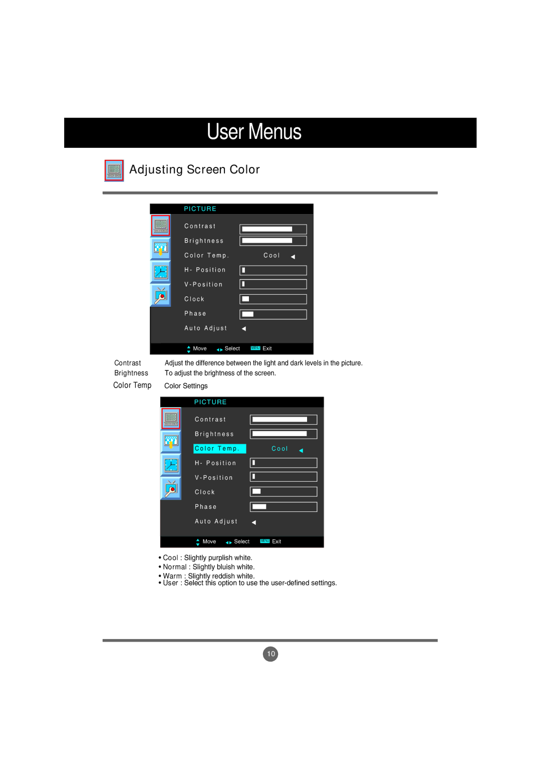 LG Electronics M3800S, M2900S manual Adjusting Screen Color, C T U R E 