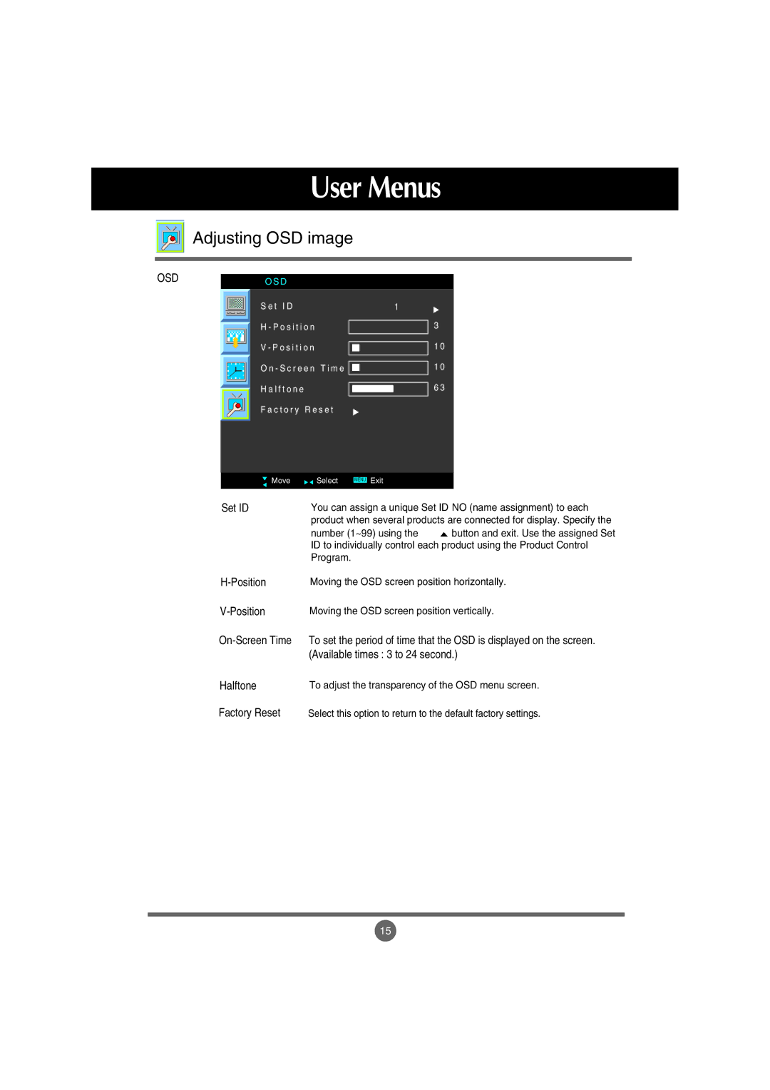 LG Electronics M2900S, M3800S manual Adjusting OSD image, Set ID, Position, Halftone, Factory Reset 