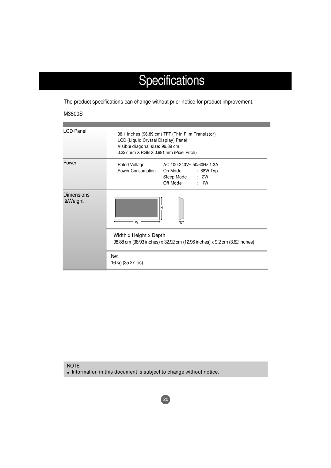 LG Electronics M3800S, M2900S manual Inches 96.89 cm TFT Thin Film Transistor 