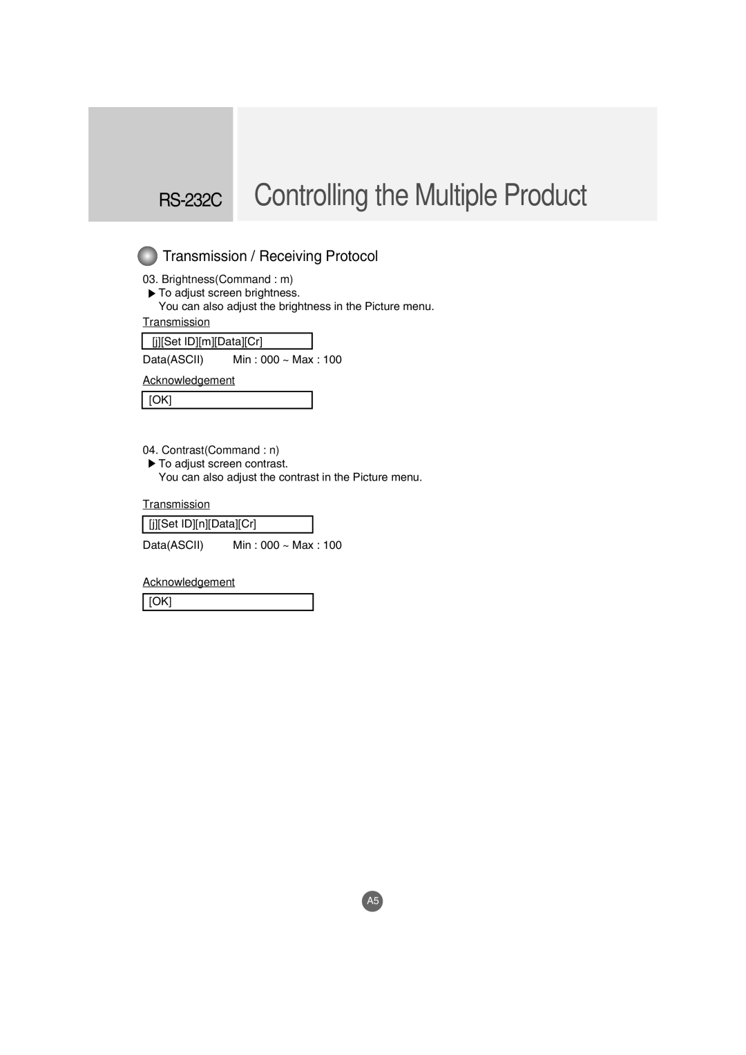 LG Electronics M2900S, M3800S manual BrightnessCommand m, ContrastCommand n 