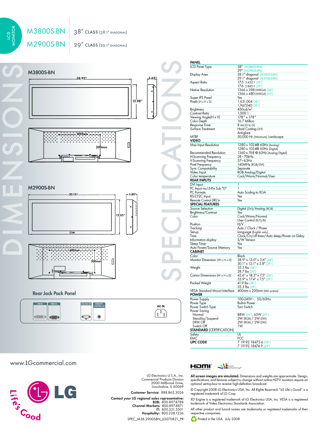 LG Electronics M2900SBN, M3800SBN warranty Panel, Video, Rear Inputs, Special Features, Cabinet, Power, UPC Code 