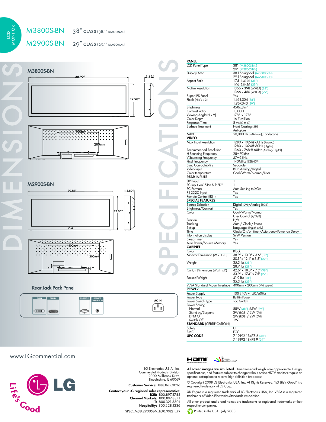 LG Electronics M2900SBN, M3800SBN 38” class 38.1 diagonal, 29” class 29.1 diagonal, M3800S-BN, M2900S-BN, lcd monitor 