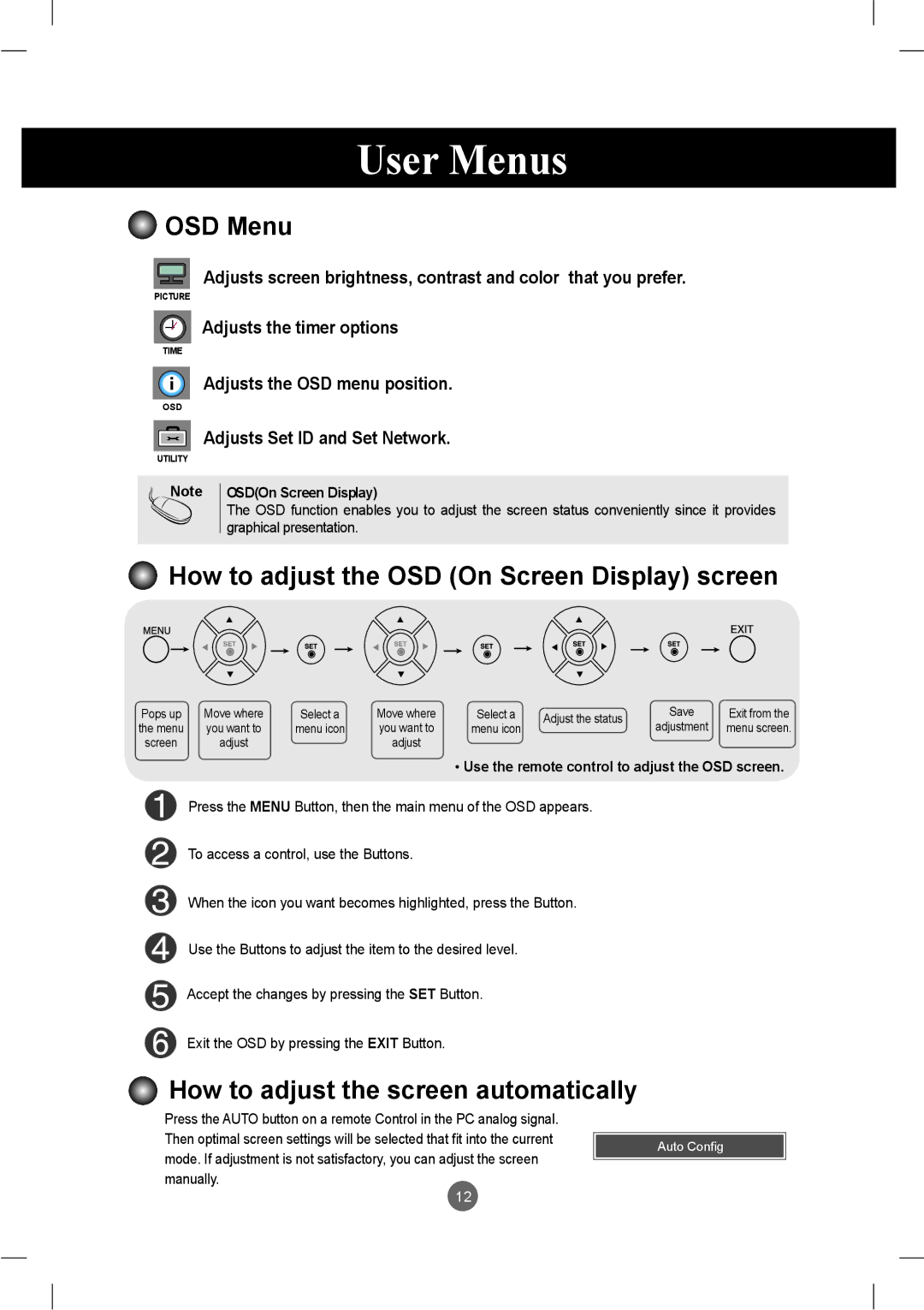 LG Electronics M2901S OSD Menu, How to adjust the OSD On Screen Display screen, How to adjust the screen automatically 