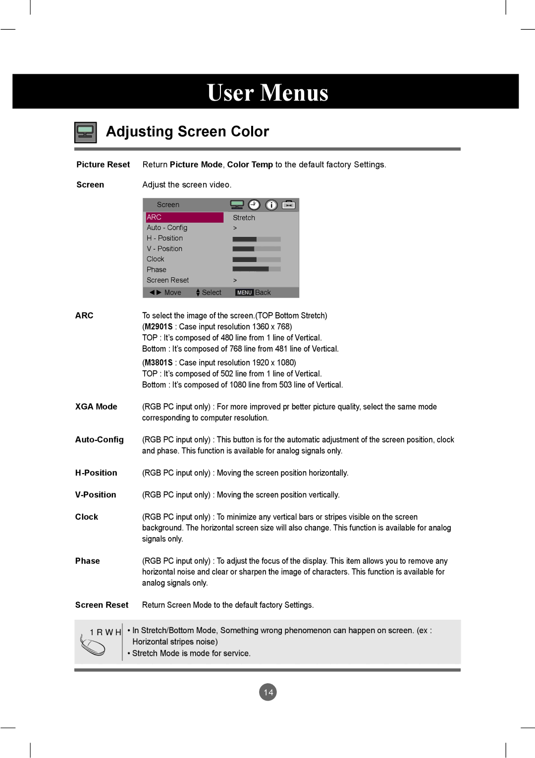 LG Electronics M2901S, M3801S owner manual XGA Mode, Auto-Config, Position, Clock, Phase, Screen Reset 