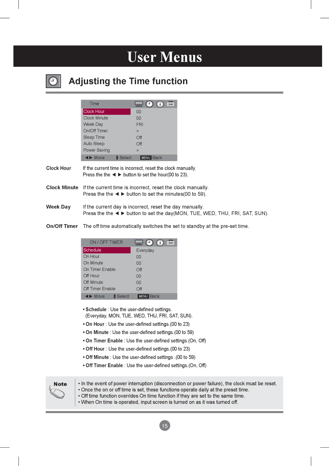 LG Electronics M3801S, M2901S owner manual Adjusting the Time function, On / OFF Timer 