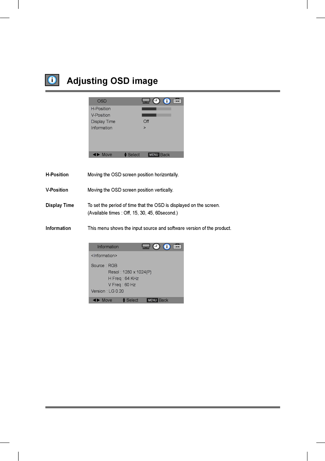 LG Electronics M3801S, M2901S owner manual Adjusting OSD image, Display Time 