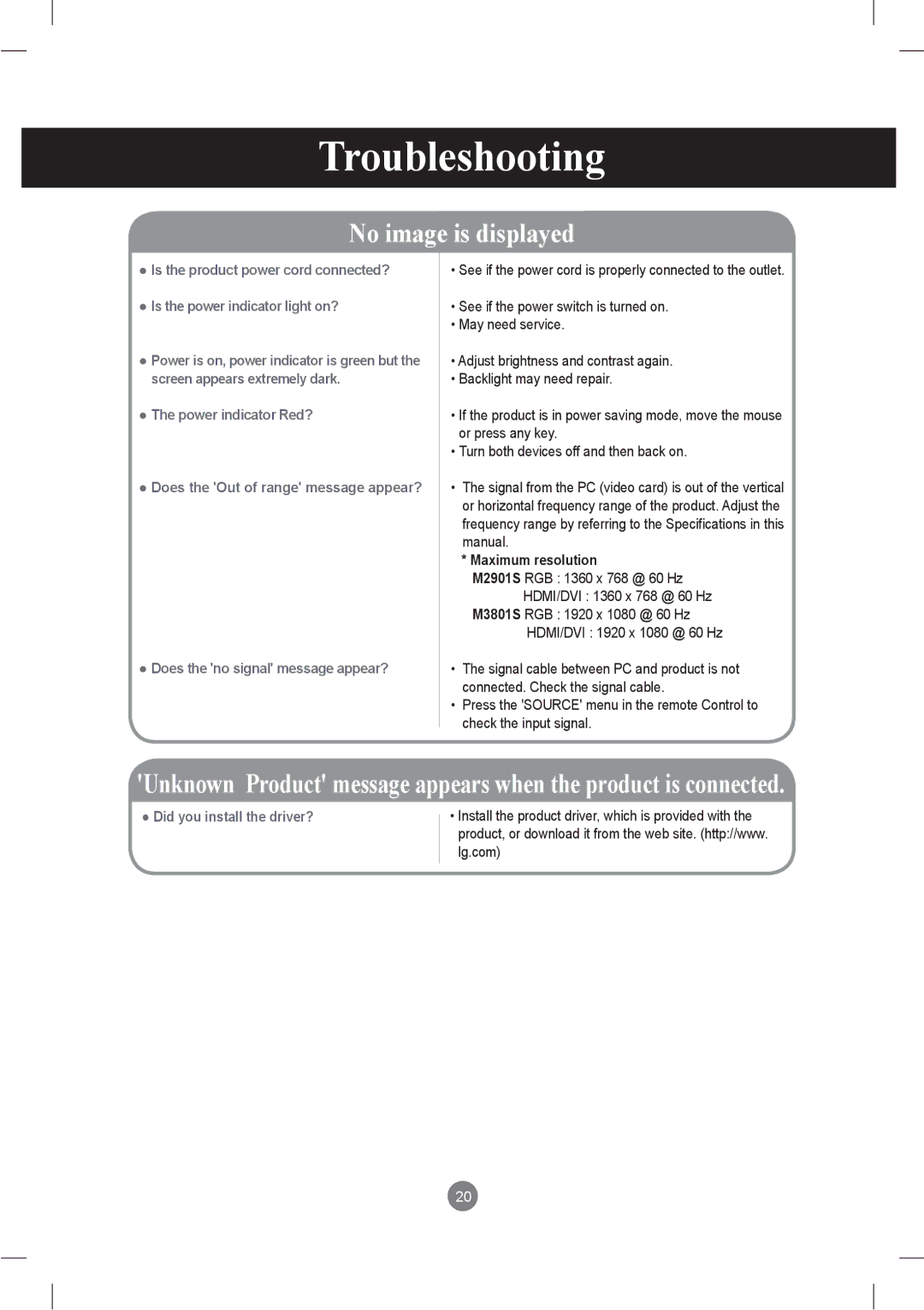 LG Electronics M2901S, M3801S owner manual Troubleshooting, Maximum resolution 