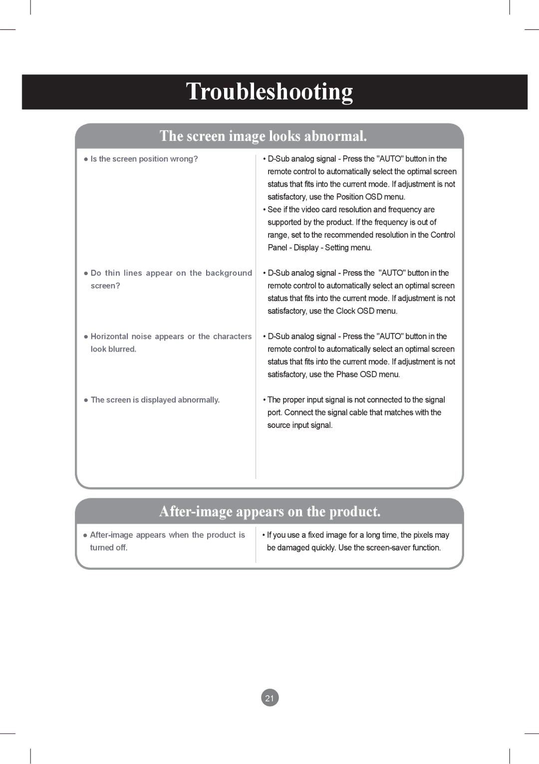 LG Electronics M3801S, M2901S owner manual Screen image looks abnormal 