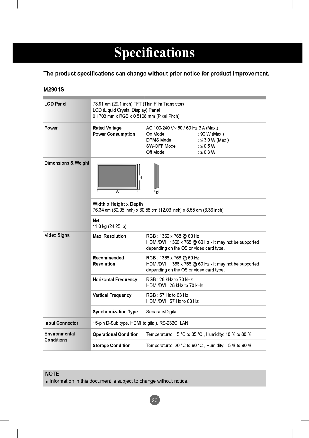 LG Electronics M3801S, M2901S owner manual Specifications 