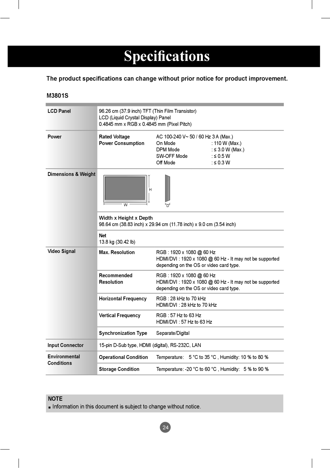 LG Electronics M2901S, M3801S owner manual 98.64 cm 38.83 inch x 29.94 cm 11.78 inch x 9.0 cm 3.54 inch 