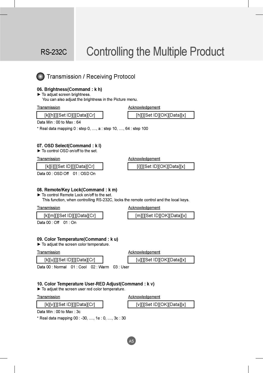 LG Electronics M2901S, M3801S owner manual BrightnessCommand k h, OSD SelectCommand k l, Remote/Key LockCommand k m 