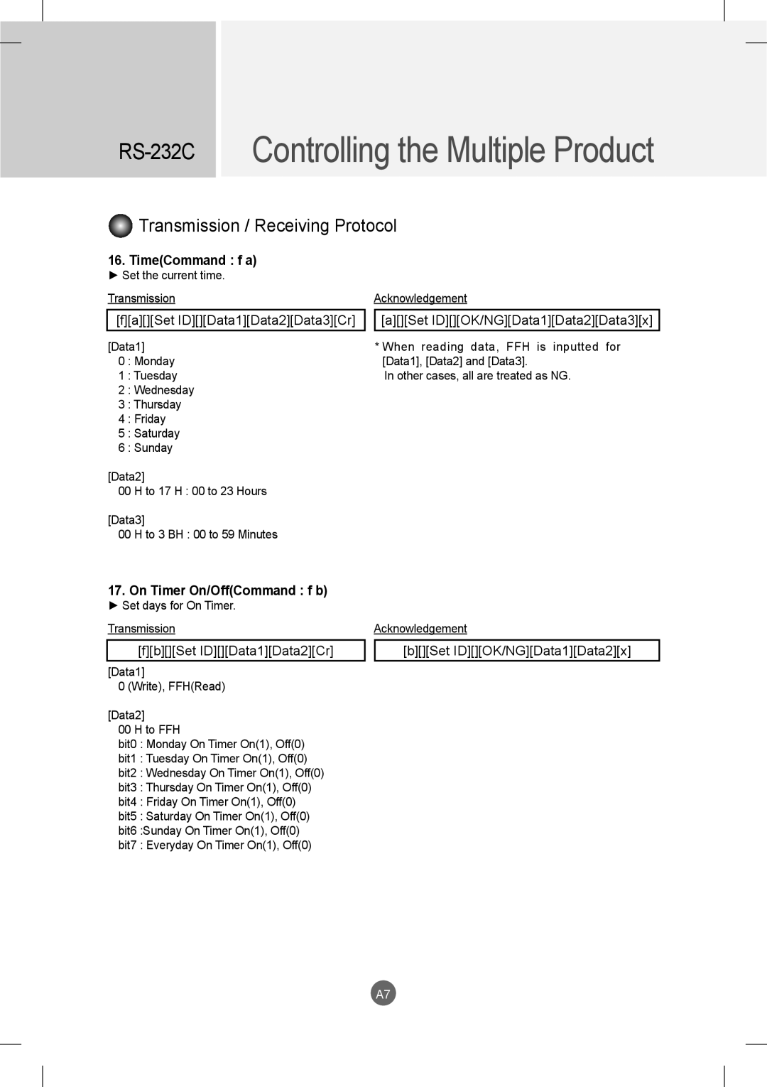 LG Electronics M2901S, M3801S owner manual TimeCommand f a, On Timer On/OffCommand f b 