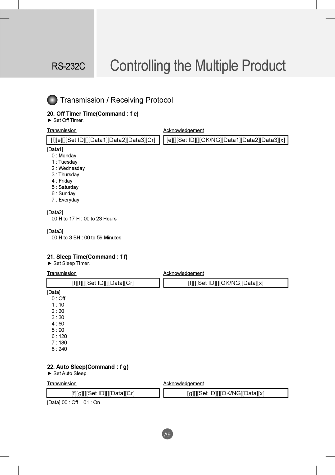 LG Electronics M2901S, M3801S owner manual Off Timer TimeCommand f e, Sleep TimeCommand f f, Auto SleepCommand f g 