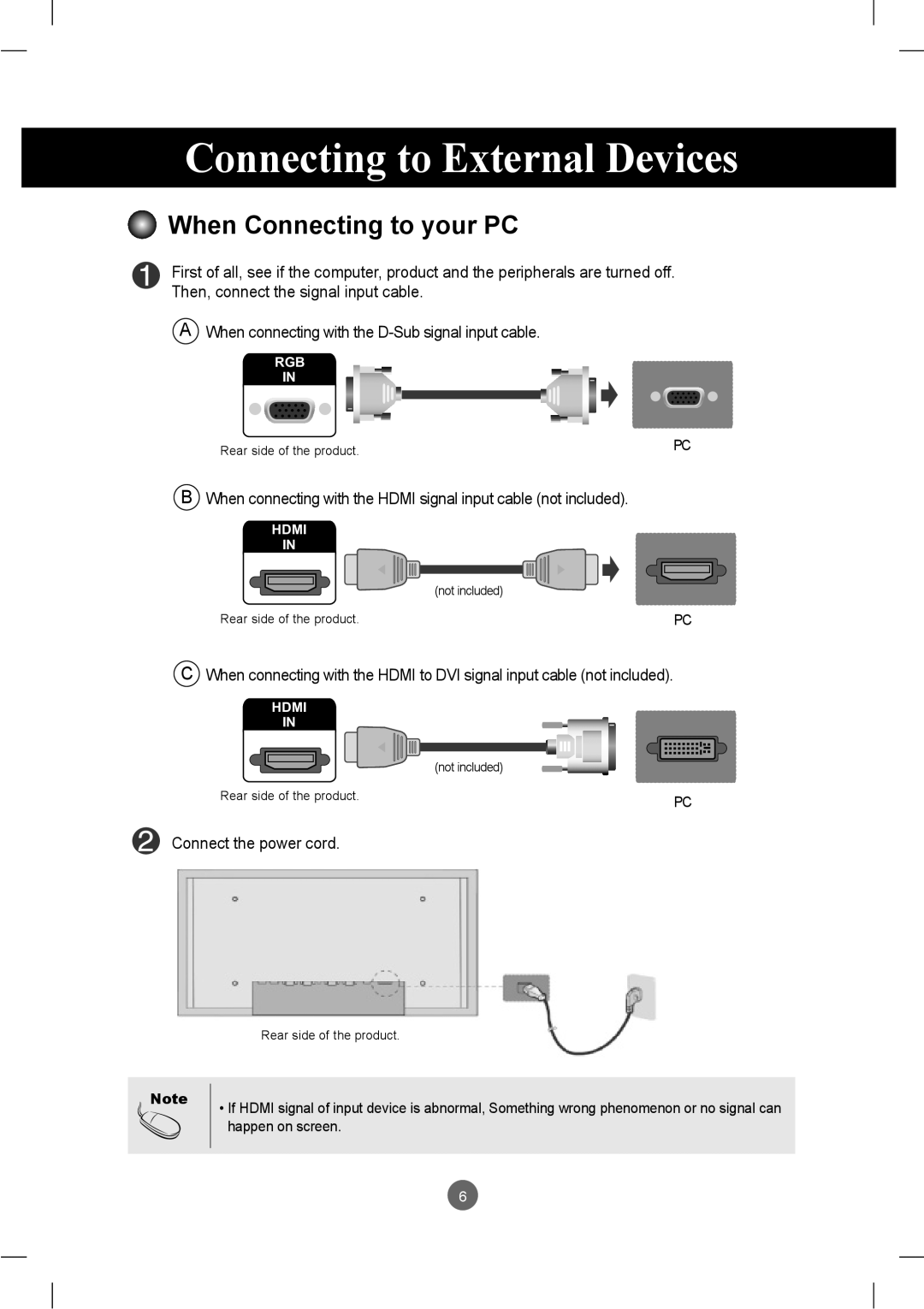 LG Electronics M2901S, M3801S Connecting to External Devices, When Connecting to your PC, Connect the power cord 