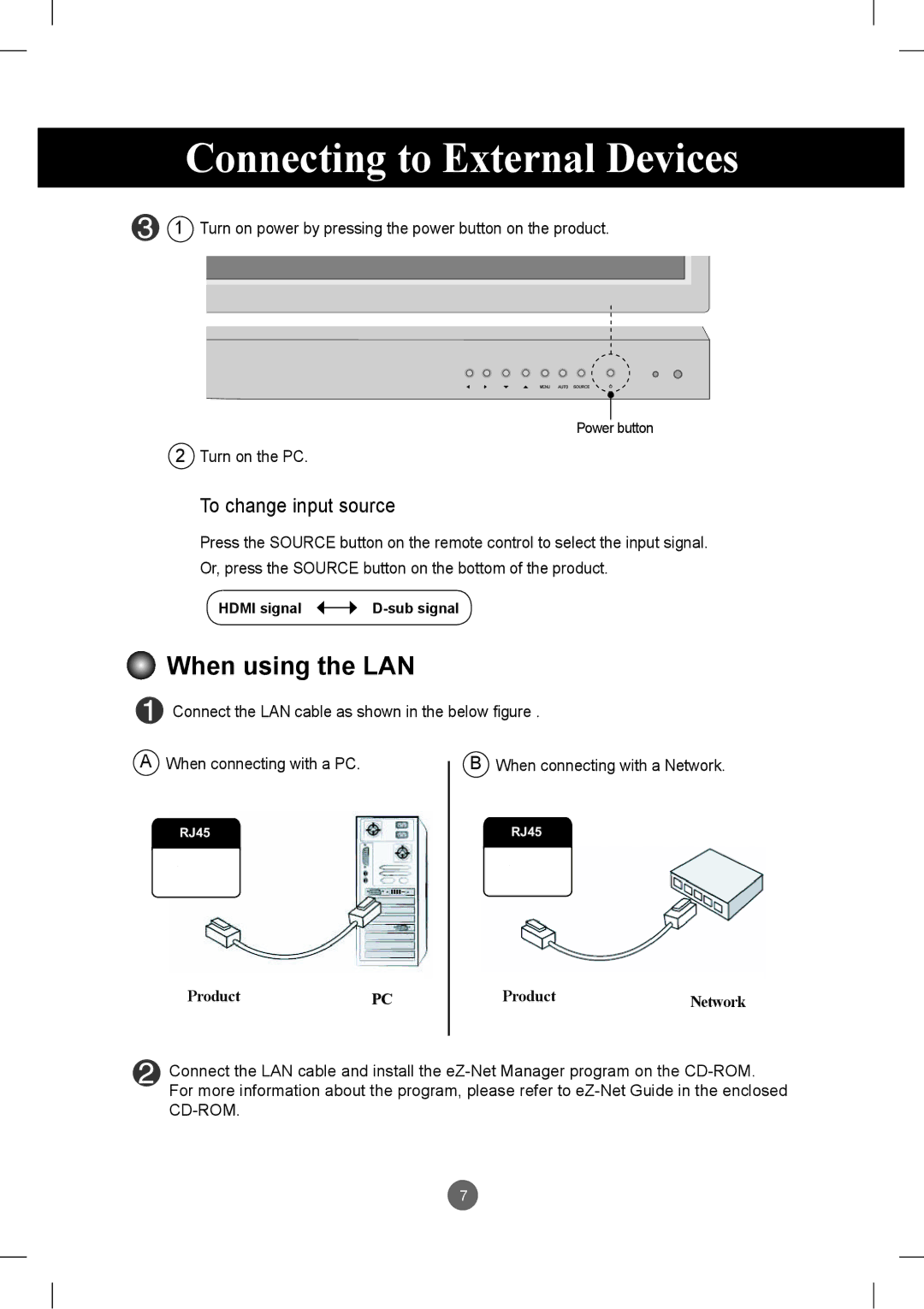 LG Electronics M3801S When using the LAN, Turn on power by pressing the power button on the product, Turn on the PC 