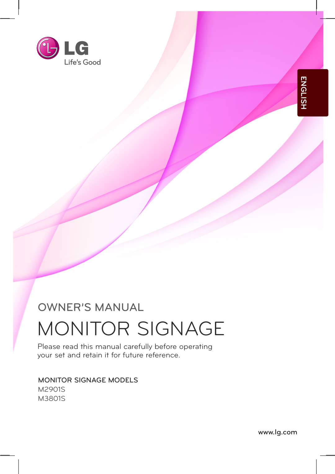 LG Electronics owner manual Monitor Signage, Owner’S Manual, English, MONITOR SIGNAGE MODELS M2901S M3801S 