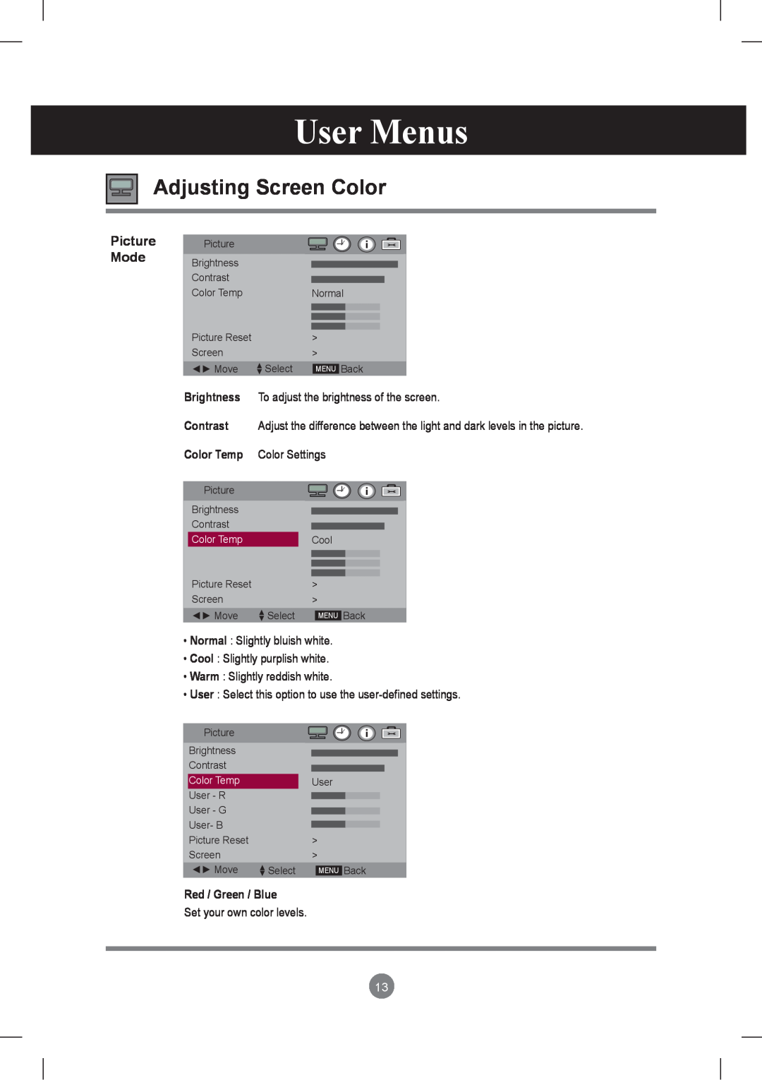 LG Electronics M3801S, M2901S owner manual Adjusting Screen Color, User Menus, Picture Mode 
