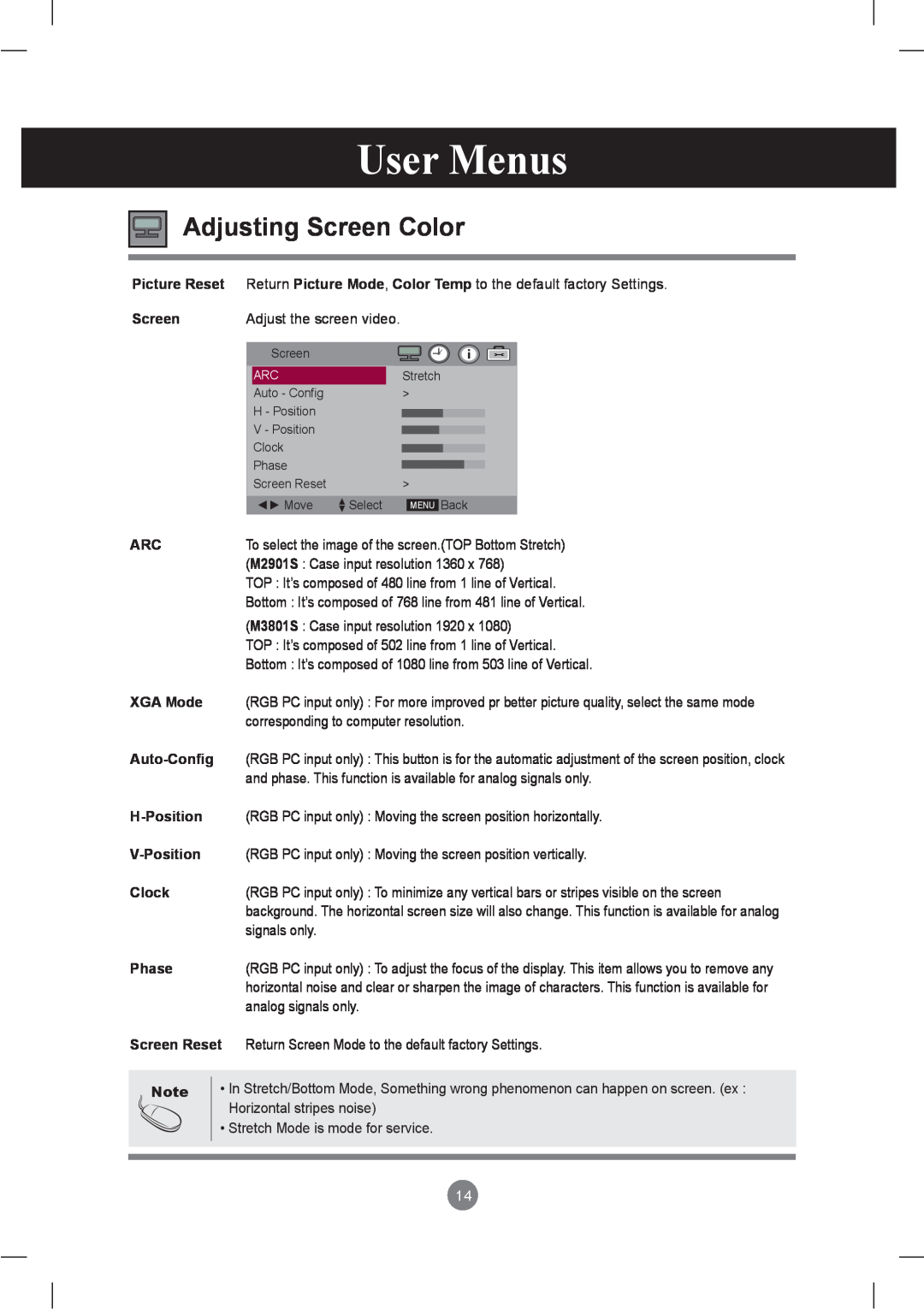 LG Electronics M2901S User Menus, Adjusting Screen Color, XGA Mode, Auto-Config, H-Position, V-Position, Clock, Phase 