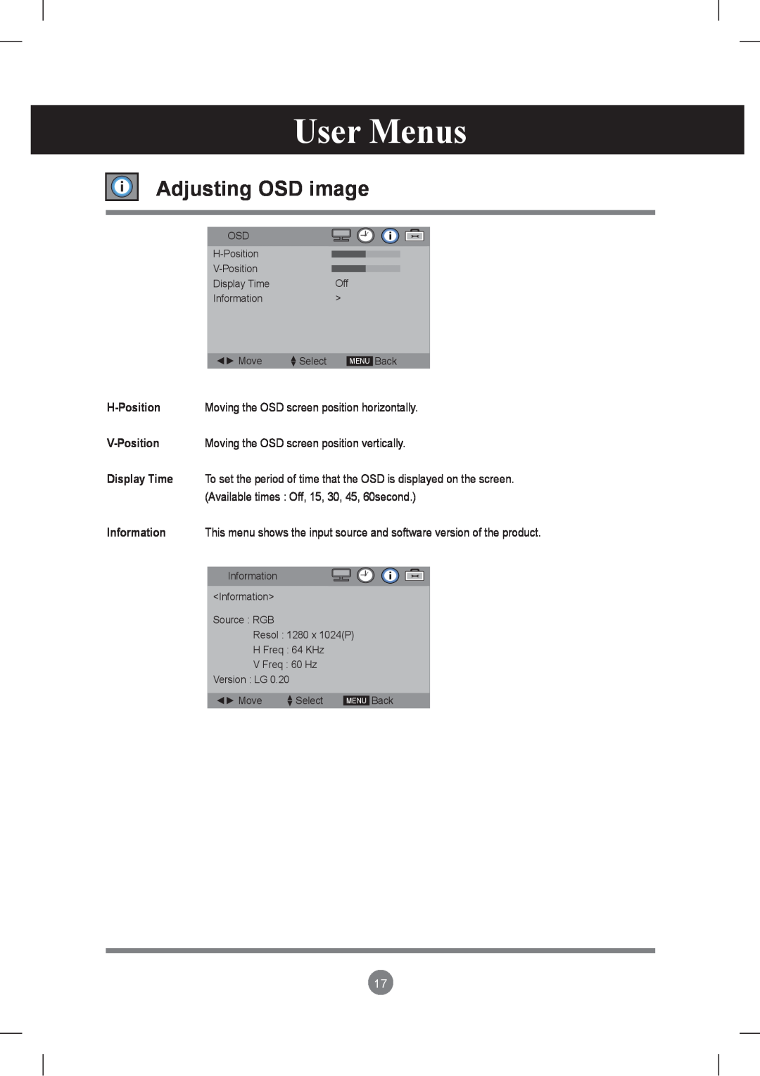 LG Electronics M3801S, M2901S owner manual Adjusting OSD image, User Menus 
