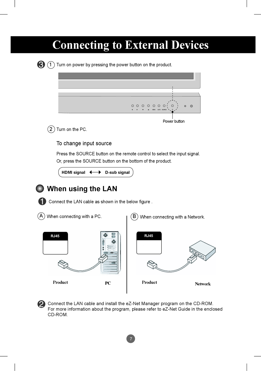 LG Electronics M3801S, M2901S When using the LAN, Connecting to External Devices, To change input source, ProductPC 