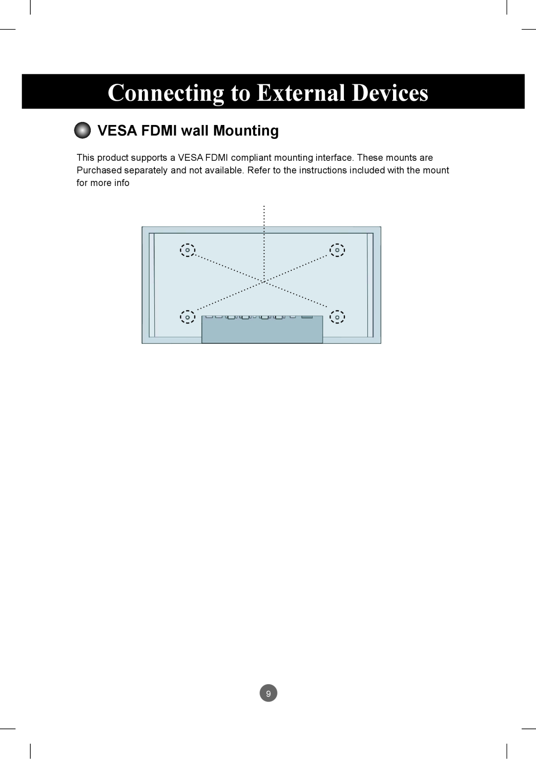 LG Electronics M3801S, M2901S owner manual VESA FDMI wall Mounting, Connecting to External Devices 