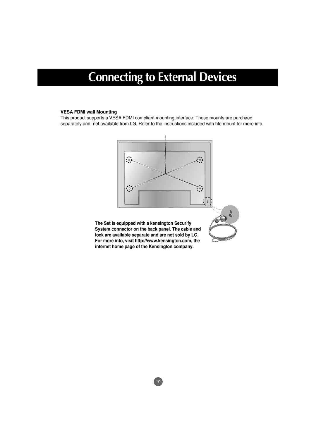 LG Electronics M3702C, M3202C manual Connecting to External Devices, Vesa Fdmi wall Mounting 