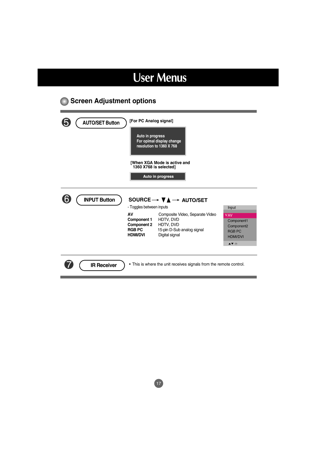 LG Electronics M3202C, M3702C manual When XGA Mode is active and 1360 X768 is selected, Component 