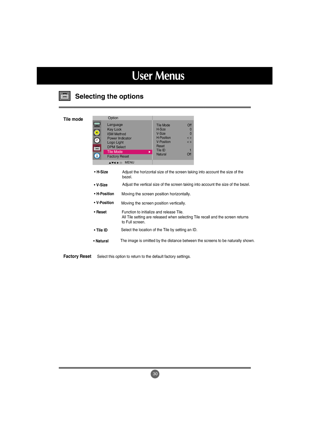 LG Electronics M3702C, M3202C manual Tile modeOption, Size Position Reset Tile ID 