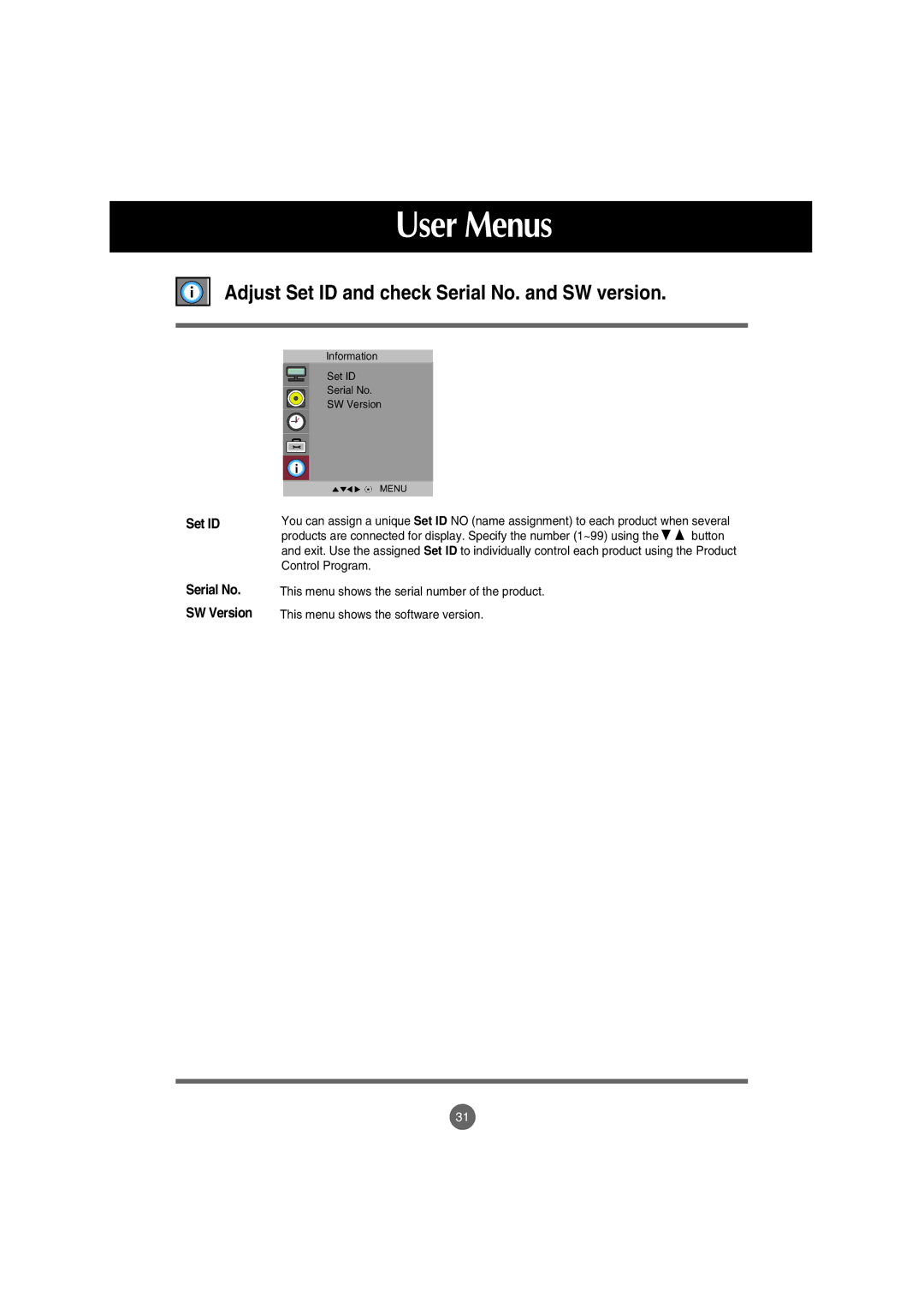 LG Electronics M3202C, M3702C manual Adjust Set ID and check Serial No. and SW version 