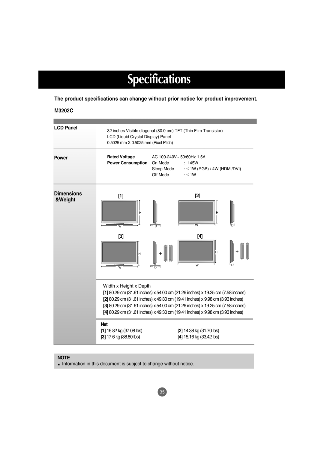 LG Electronics M3202C, M3702C manual Specifications, LCD Panel, Power, Rated Voltage 