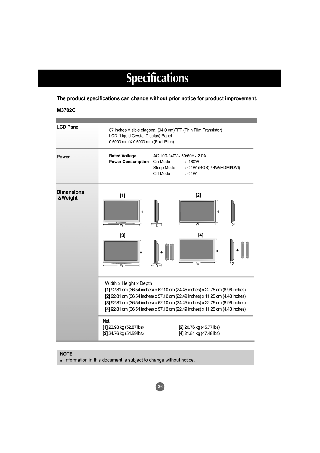 LG Electronics M3702C, M3202C manual Dimensions Weight1 