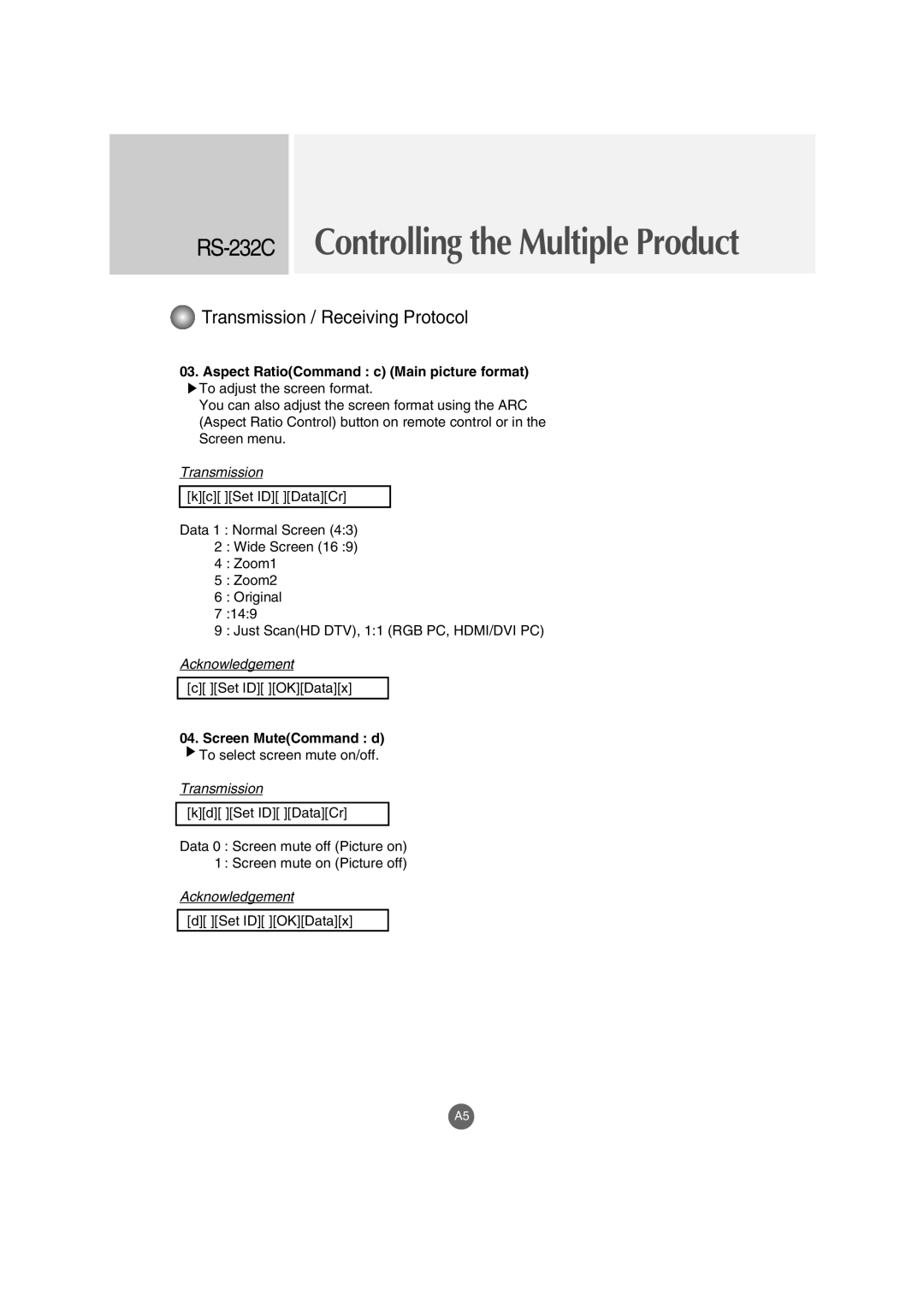 LG Electronics M3202C, M3702C manual Aspect RatioCommand c Main picture format, Screen MuteCommand d 