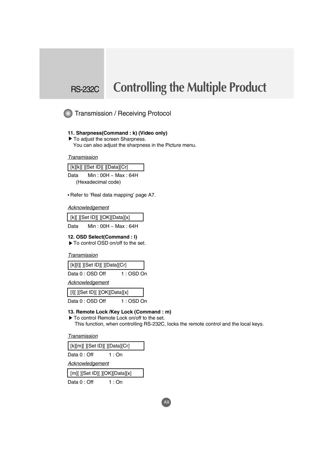 LG Electronics M3202C, M3702C manual SharpnessCommand k Video only, OSD SelectCommand l, Remote Lock /Key Lock Command m 