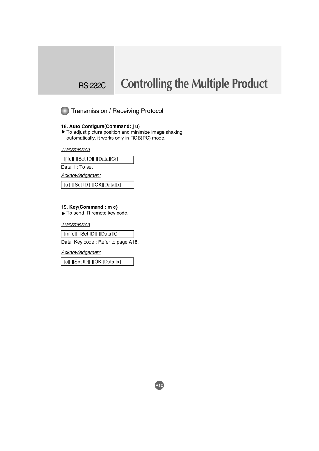 LG Electronics M3702C, M3202C manual Auto ConfigureCommand j u, KeyCommand m c 