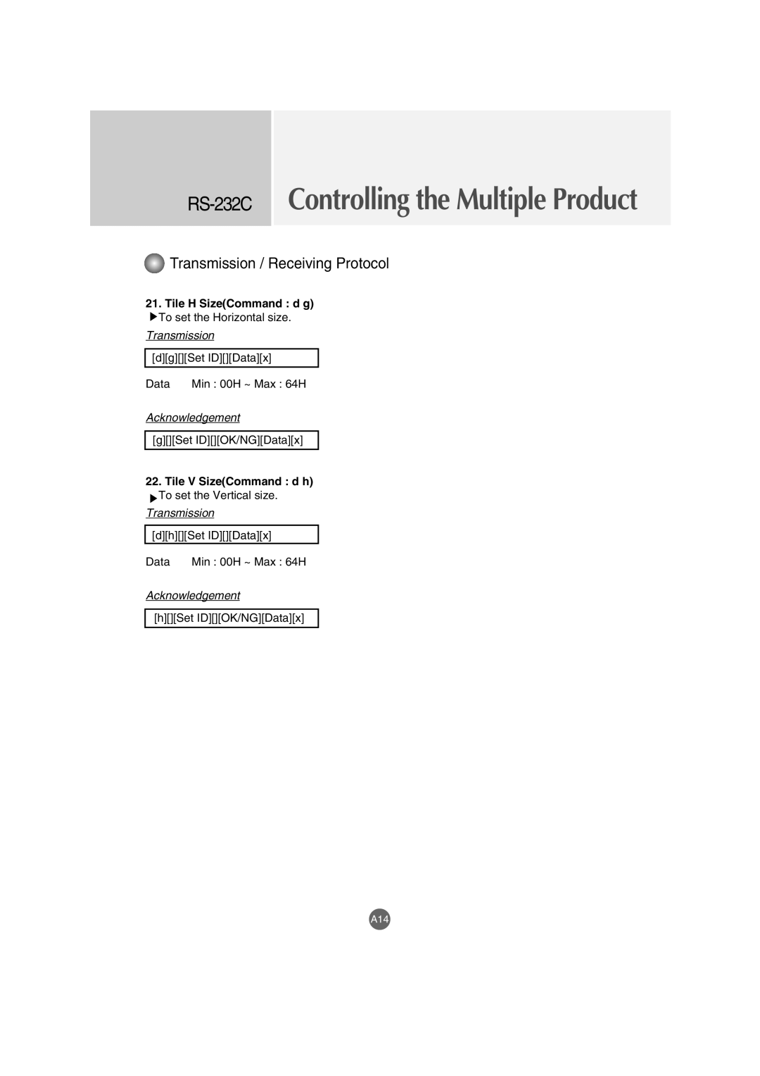 LG Electronics M3702C, M3202C manual Tile H SizeCommand d g, Tile V SizeCommand d h 