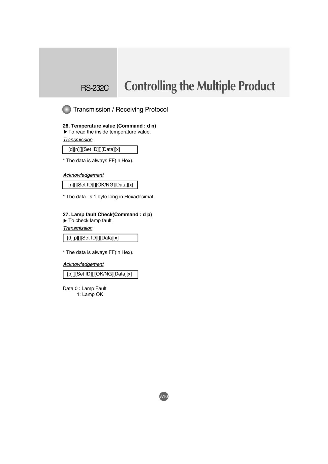 LG Electronics M3702C, M3202C manual Temperature value Command d n, Lamp fault CheckCommand d p 