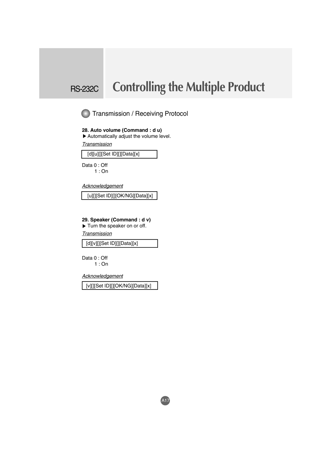 LG Electronics M3202C, M3702C manual Auto volume Command d u, Speaker Command d 