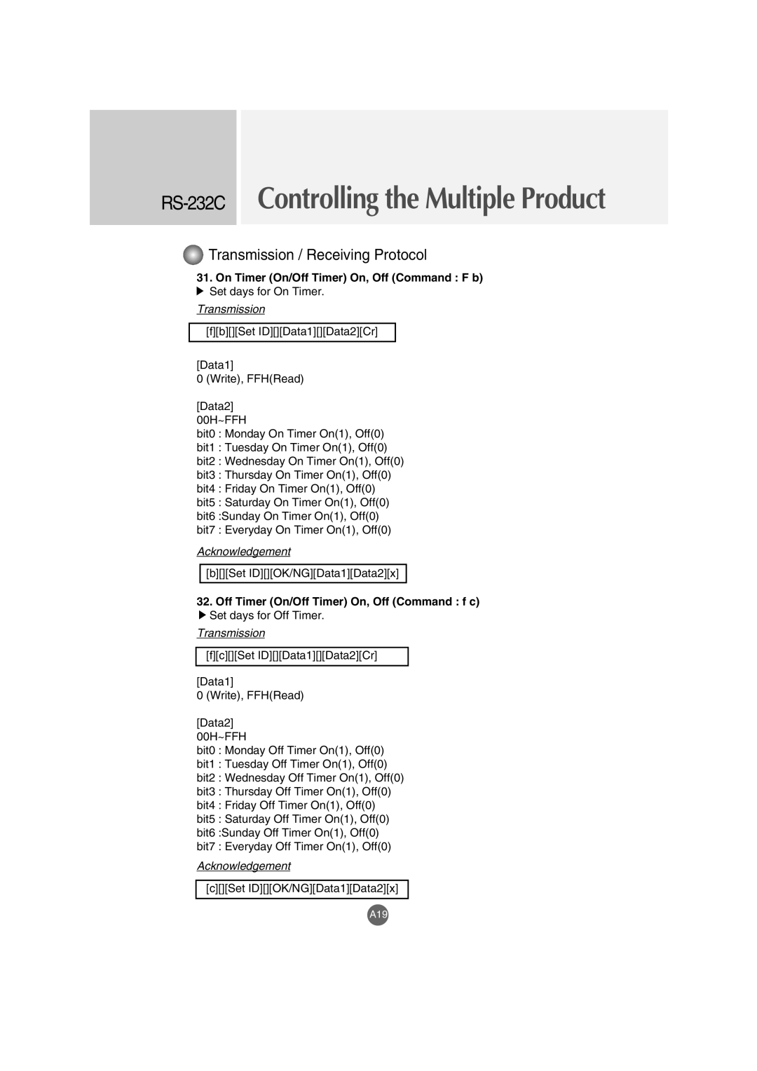 LG Electronics M3202C, M3702C manual On Timer On/Off Timer On, Off Command F b, Off Timer On/Off Timer On, Off Command f c 