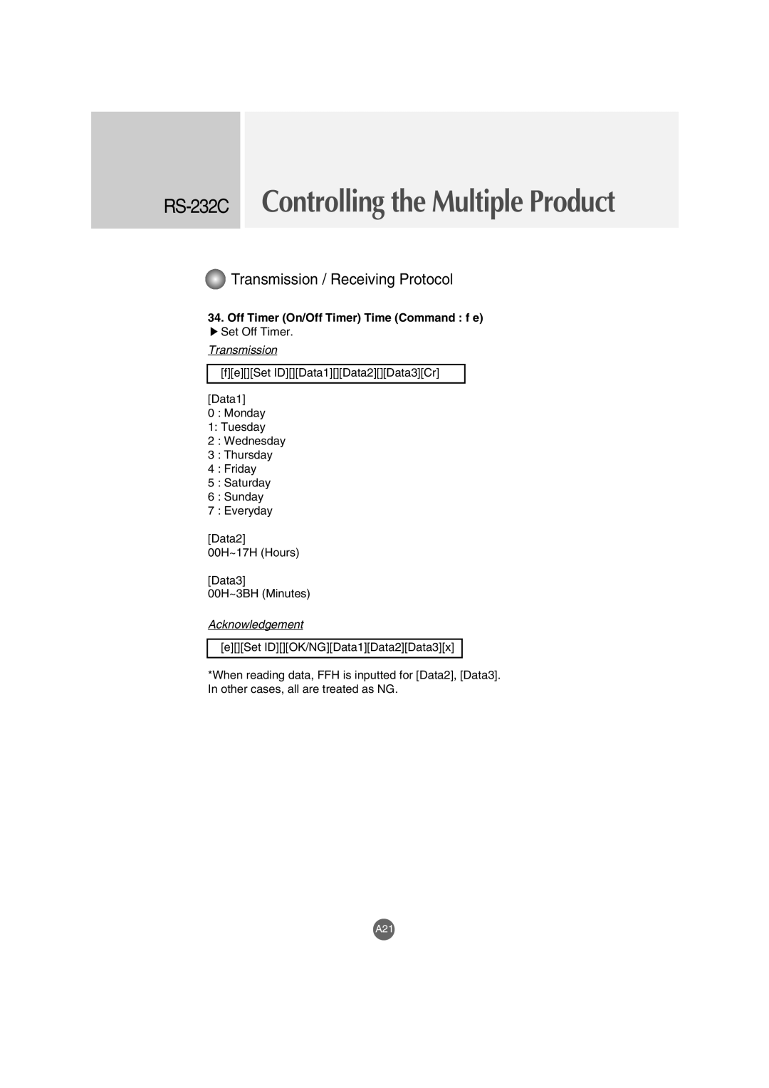 LG Electronics M3202C, M3702C manual Off Timer On/Off Timer Time Command f e 