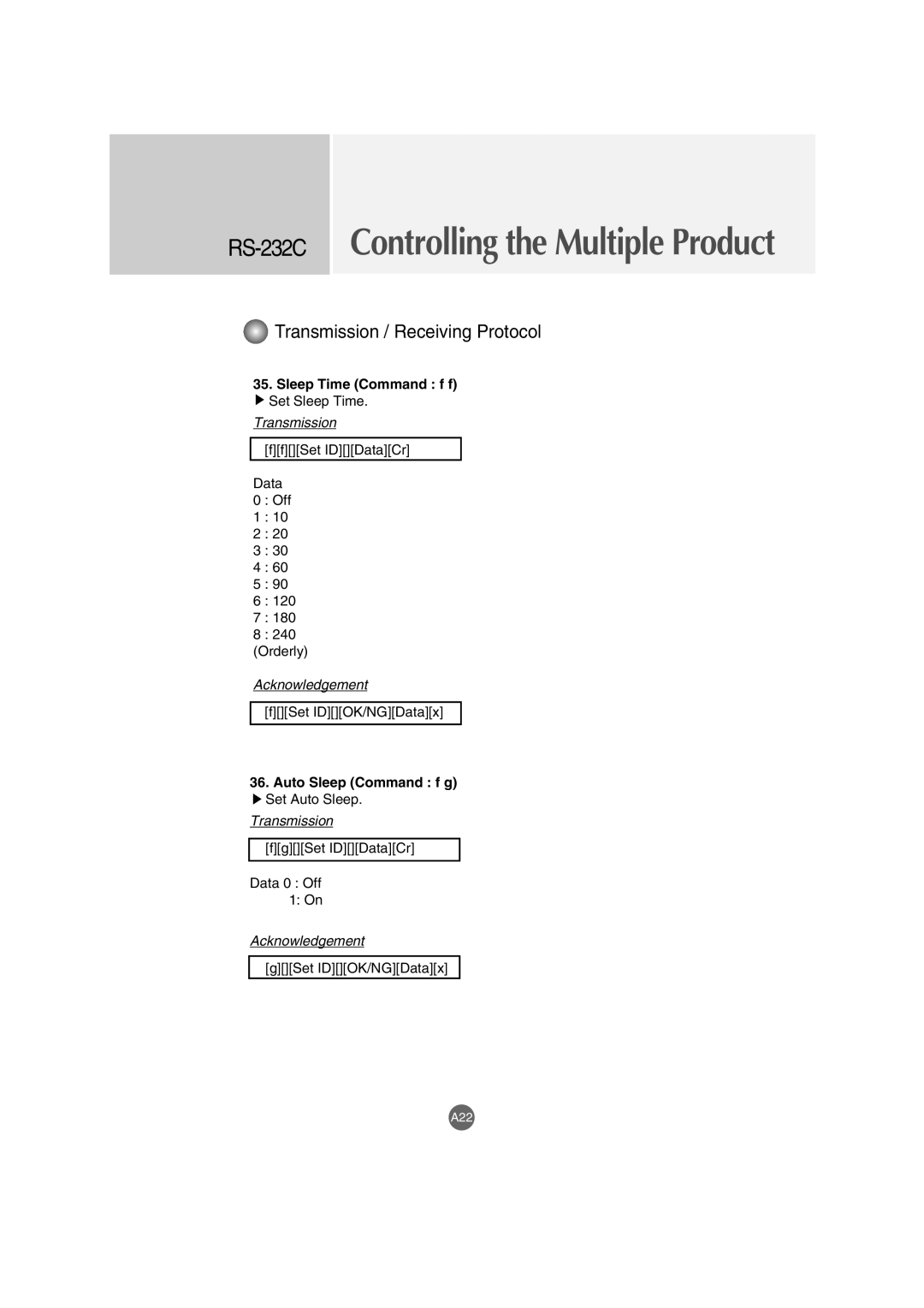 LG Electronics M3702C, M3202C manual Sleep Time Command f f, Auto Sleep Command f g 