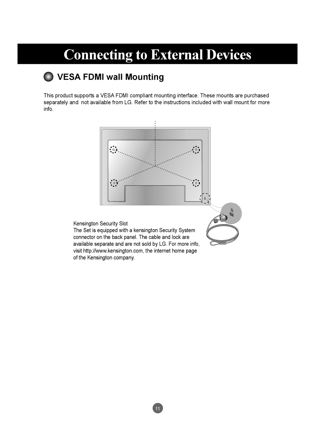 LG Electronics M3203C, M3703C manual Vesa Fdmi wall Mounting 