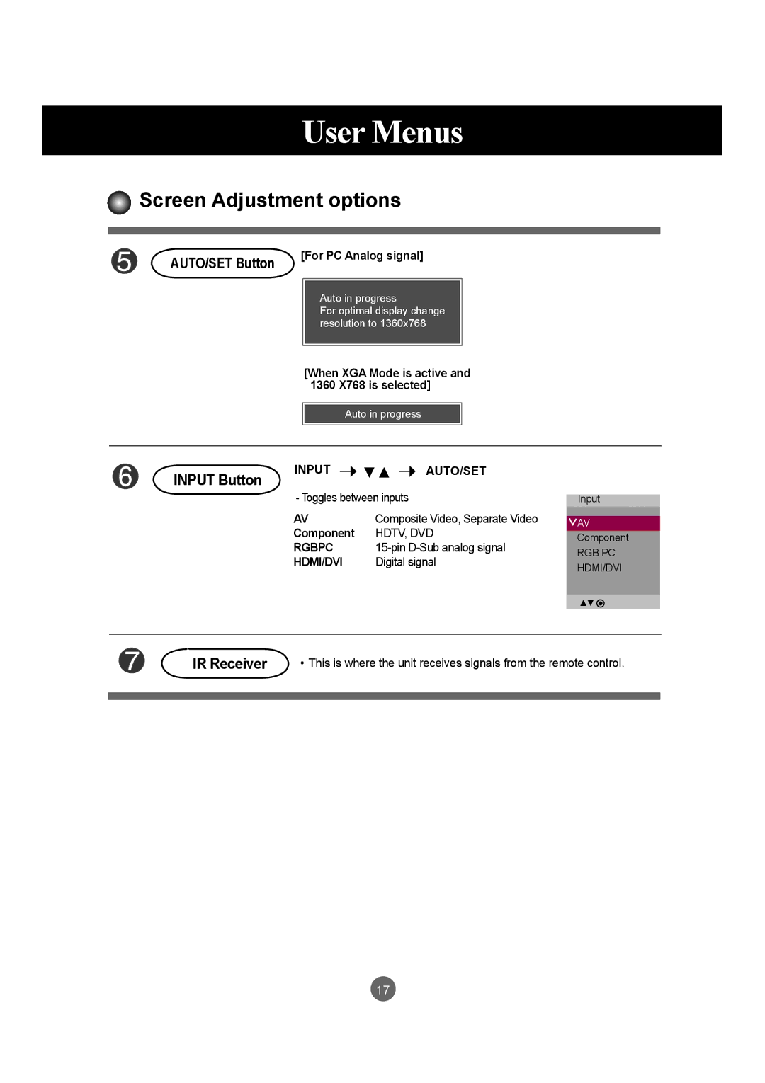 LG Electronics M3203C, M3703C manual User Menus, When XGA Mode is active and 1360 X768 is selected 