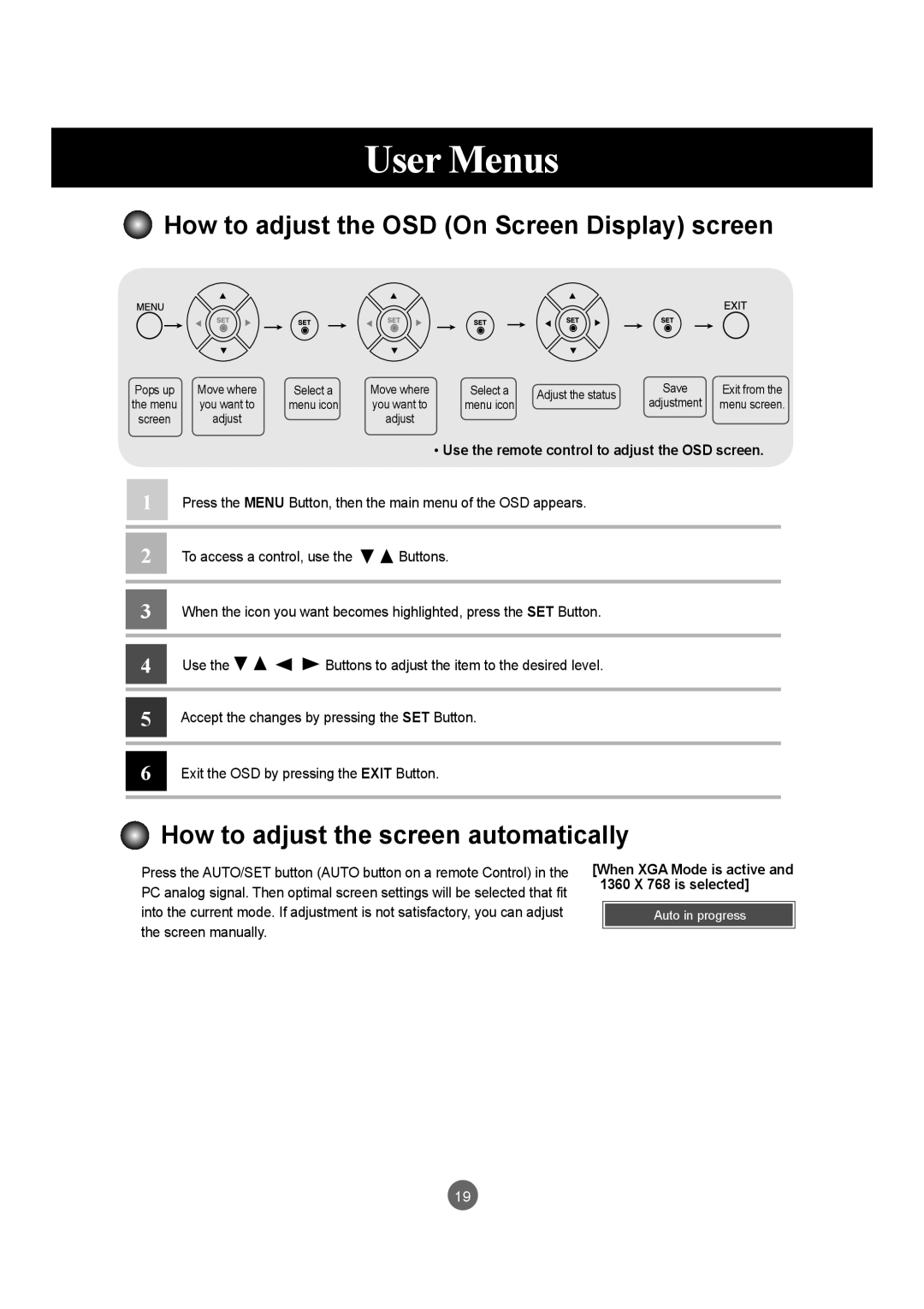 LG Electronics M3203C, M3703C manual How to adjust the OSD On Screen Display screen, How to adjust the screen automatically 