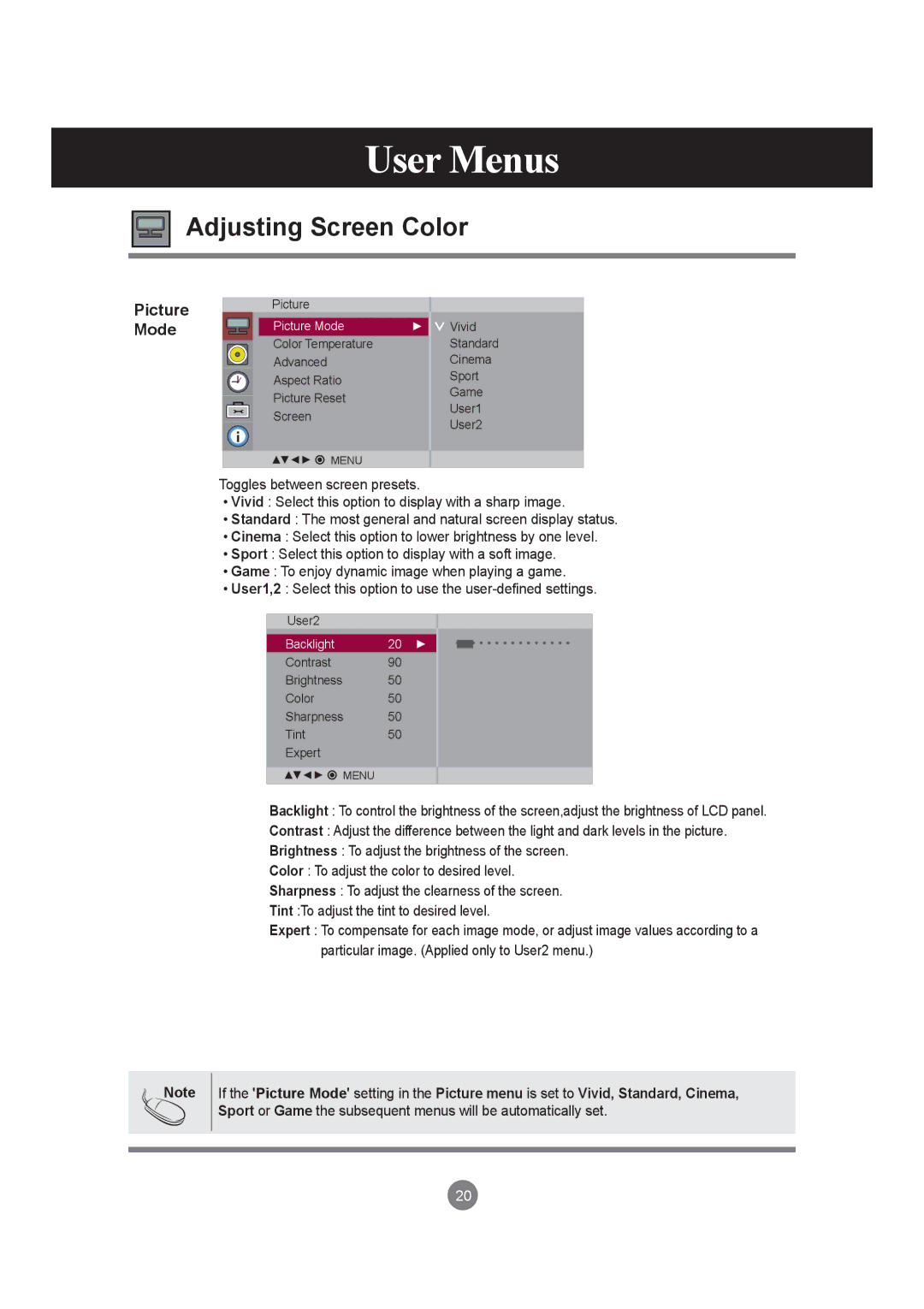 LG Electronics M3703C, M3203C manual Adjusting Screen Color, Picture Mode 