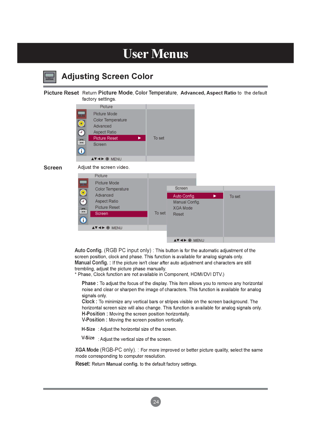 LG Electronics M3703C, M3203C manual Screen, Adjust the screen video 