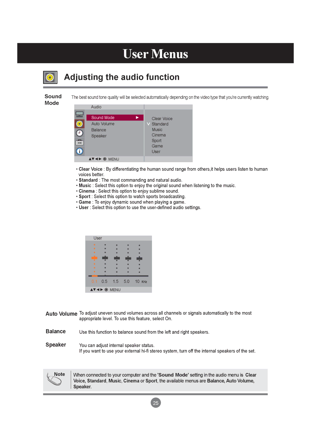 LG Electronics M3203C, M3703C manual Adjusting the audio function, Sound Mode, Auto Volume Balance Speaker 