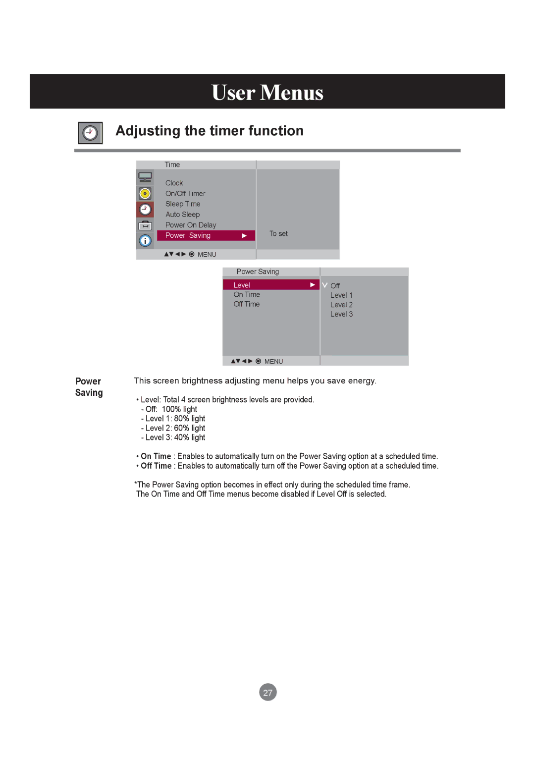 LG Electronics M3203C, M3703C manual Adjusting the timer function, Power Saving 