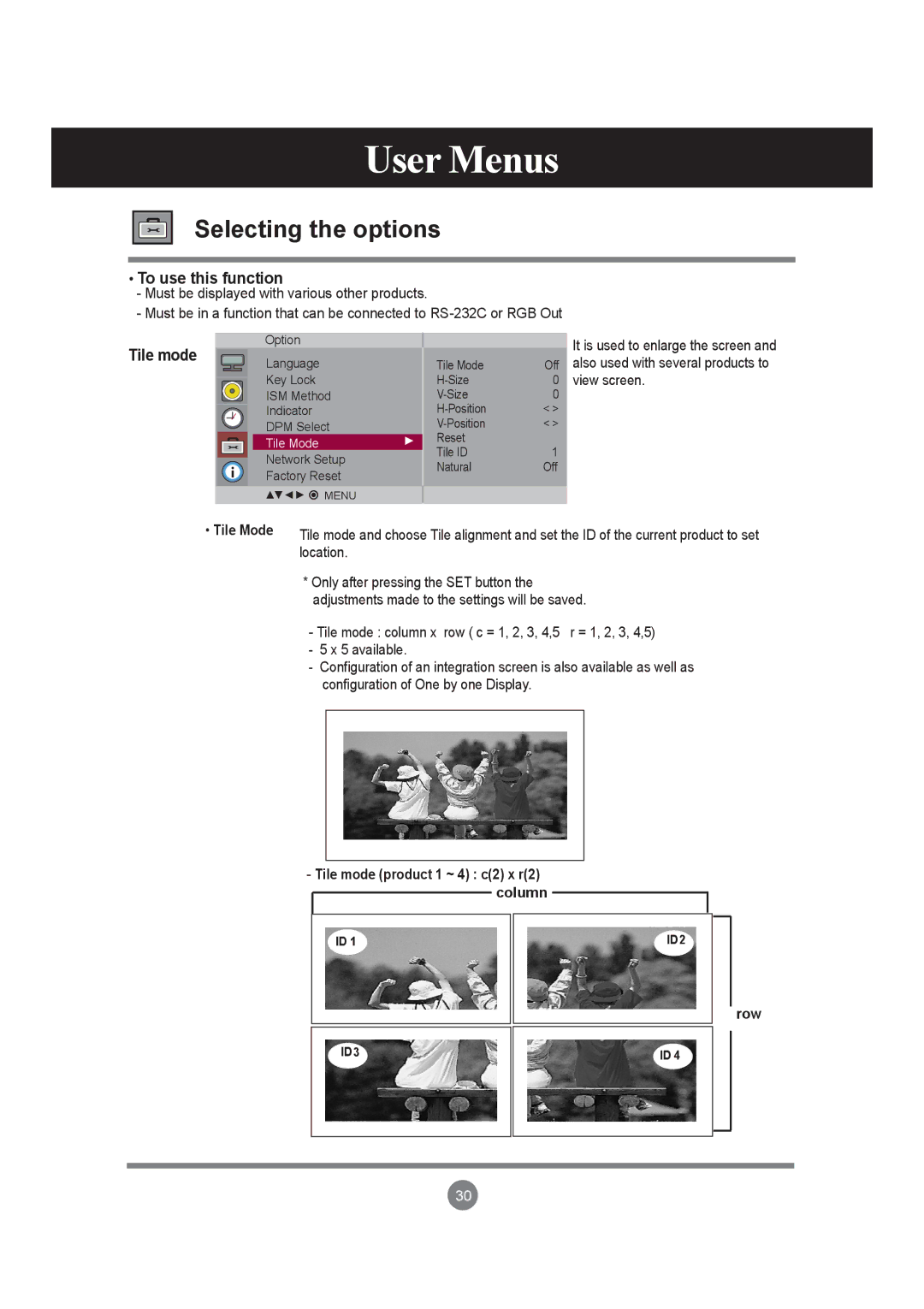 LG Electronics M3703C, M3203C manual To use this function, Tile mode, Tile Mode, Row 